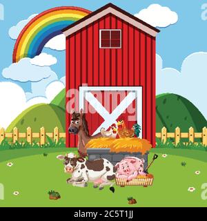Scène de ferme avec de nombreux animaux sur l'illustration de la ferme Illustration de Vecteur