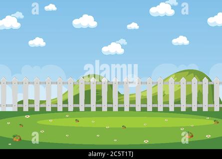 Horizon nature scène ou paysage campagne avec clôture dans le parc et ciel vide à l'illustration de jour Illustration de Vecteur