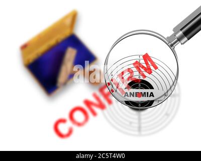 Vue de dessus d'un timbre en caoutchouc avec un mot géant - confirmer et cible isolée sur blanc Banque D'Images