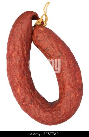 Saucisse fumée isolée sur fond blanc. Masque inclus. Banque D'Images