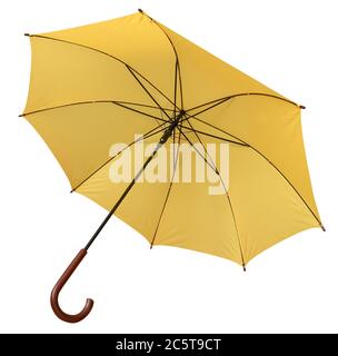 Parapluie jaune ouvert isolé sur fond blanc. Masque. Banque D'Images