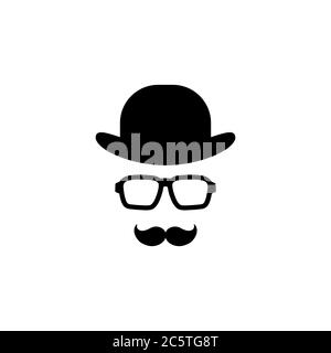 Icône représentant un homme isolée sur fond blanc. Silhouette de la tête de l'homme avec moustache, lunettes taille basse et chapeau de style bowling. Avatar simple noir. Isolé sur Illustration de Vecteur