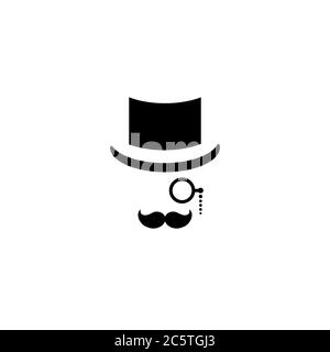 Icône représentant un homme isolée sur fond blanc. Silhouette de la tête de l'homme avec moustache, lunettes de lorgnette et chapeau de melon. Rétro noir, avatar vintage. JE Illustration de Vecteur