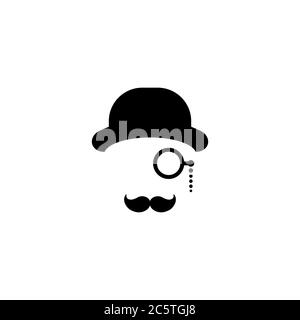 Icône représentant un homme isolée sur fond blanc. Silhouette de la tête de l'homme avec moustache, lunettes de lorgnette et chapeau de melon. Rétro noir, avatar vintage. JE Illustration de Vecteur