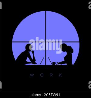 Homme et femme travaillent avec un ordinateur portable tard dans la nuit au bureau. Illustration du concept vectoriel. Banque D'Images