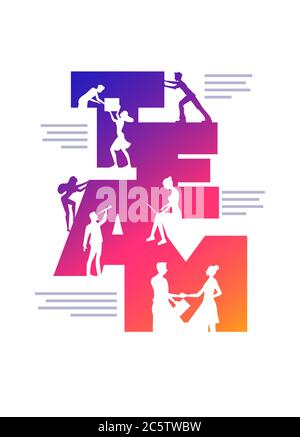 Modèle de conception d'affiche de concept d'équipe commerciale. Travailler des personnes qui utilisent des ordinateurs portables, se serrer les mains, regarder l'avenir, grimper et tenir la boîte dans le Banque D'Images