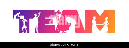 Conception de l'équipe d'affaires. Travailler des personnes qui utilisent des ordinateurs portables, se serrer les mains, regarder l'avenir, grimper et tenir la boîte dans l'équipe colorée Banque D'Images