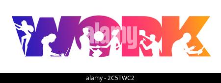 Conception de concept de travail d'entreprise. Travailler des personnes qui utilisent des ordinateurs portables, se serrer les mains, regarder l'avenir, grimper et tenir la boîte dans le « TRAVAIL » coloré Banque D'Images