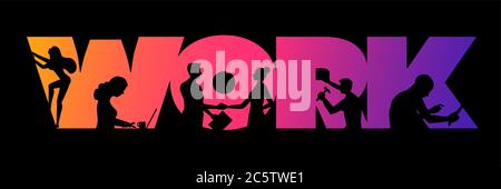 Conception de concept de travail d'entreprise. Travailler des personnes qui utilisent des ordinateurs portables, se serrer les mains, regarder l'avenir, grimper et tenir la boîte dans le « TRAVAIL » coloré Banque D'Images