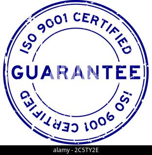 Grunge bleu certifié iso 9001 mot de garantie rond joint caoutchouc cachet sur fond blanc Illustration de Vecteur
