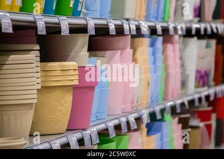 Pots pour plantes d'origine sur les étagères dans un fleuriste. Semis de printemps de semences. Banque D'Images