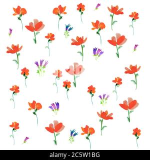 motif été coquelicots aquarelle illustration fait main peinture rouge vert noir Banque D'Images