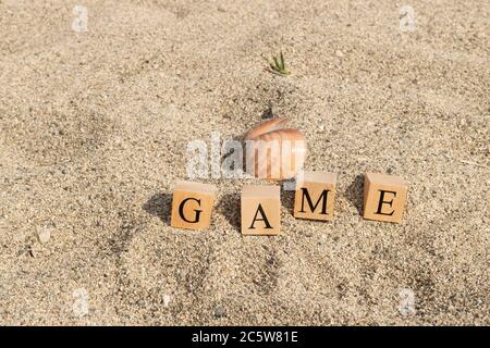 Mot de jeu en cubes de bois. Gros plan sur la plage de sable. Banque D'Images