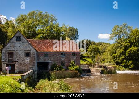 Le fleuve Stour se décale sur une hauteur à côté de l'ancien moulin à eau traditionnel à la farine de Sturminster Newton, dans la vallée de Blackmore de Dorset. Banque D'Images