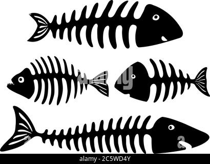 Art noir et blanc avec os de poisson de dessin animé isolés Illustration de Vecteur
