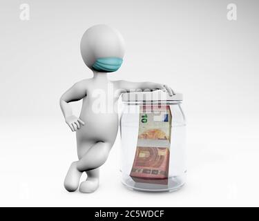 Homme gras avec un masque économie d'argent euro 3d rendu isolé sur blanc Banque D'Images