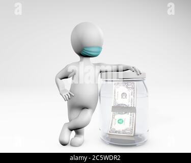 Homme gras avec un masque permettant d'économiser de l'argent dans un rendu 3d en pot isolé sur blanc Banque D'Images