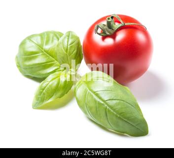 Tomates cerises mûres et feuilles de basilic fraîches isolées sur fond blanc Banque D'Images