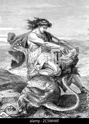 Une illustration gravée de Samson qui claque le lion, d'un livre victorien vintage daté de 1883 qui n'est plus sous copyright Banque D'Images