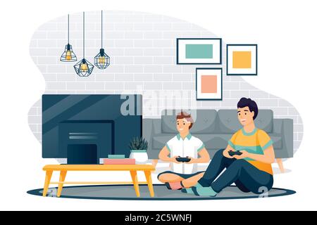 Un père et un fils heureux jouent dans un jeu vidéo. Papa et petit garçon avec des gamepads s'assoient sur le sol dans le salon, devant la télévision. Illustration des caractères vectoriels. Illustration de Vecteur