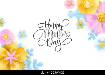 Carte de vœux Happy Mothers Day avec couches de papier fleurs artisanales et lettres calligraphiques dessinées à la main. Bannière des fêtes du printemps, modèle d'affiche. V Illustration de Vecteur