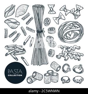 Collection de pâtes maison isolée sur fond blanc. Illustration macaroni d'esquisse vectorielle. Cuisine italienne icônes de nourriture ensemble. Motif vintage dessiné à la main Illustration de Vecteur