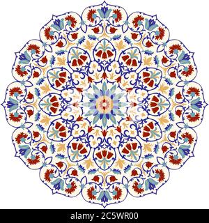 Mandala à la main et motif fleuri. Motif turc. Décoration fleurie ronde colorée à motif oriental traditionnel. Élément décoratif pour la conception de cartes, céramique . Illustration de Vecteur