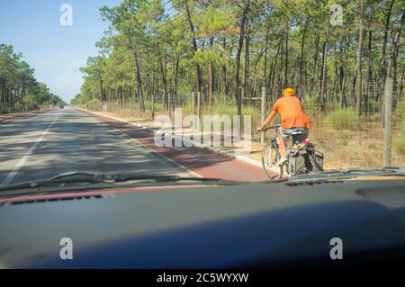 Conduite lente derrière un cycliste sur la route forestière. Vue de l'intérieur de la voiture Banque D'Images