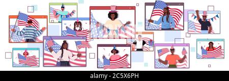 set mix race personnes tenant des drapeaux usa célébrer le 4 juillet indépendance jour concept hommes femmes dans le navigateur web fenêtres portrait horizontal illustration vectorielle Illustration de Vecteur