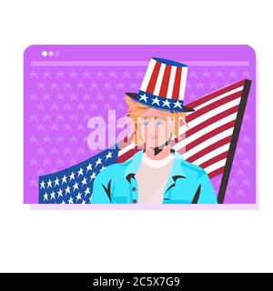 homme en chapeau de fête tenant drapeau des etats-unis célébrant le 4 juillet l'indépendance américaine fête concept navigateur web fenêtre portrait horizontal illustration vectorielle Illustration de Vecteur