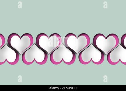 Bordure en forme de coeur en ligne continue avec des coeurs en papier réalistes sur fond pastel pour Saint-Valentin, mariage, femmes, fête, fête des mères, invitation à accueillir, graphisme. Copier l'espace. Illustration 3D Banque D'Images