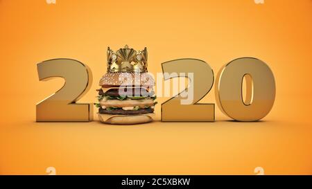 Burger avec symbole du nouvel an Crown concept 2020. rendu 3d Banque D'Images