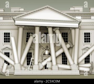 Vue de nuit au nord de la Maison Blanche, avec colonnes, fenêtres et la structure de base qui tombe. Illustration 3D Banque D'Images