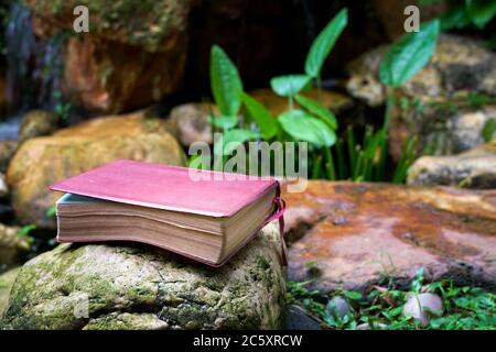 Bible avec couverture en cuir sur une pierre à côté d'un étang. Mot de Dieu rafraîchissant. Banque D'Images