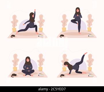 Collection femmes enceintes arabes faisant du yoga, ayant un mode de vie sain et de détente. Exercices de paquet pour les filles. Illustration vectorielle moderne à plat Illustration de Vecteur