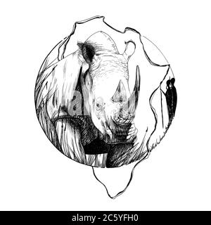 Rhinocéros dessiné à la main, graphiques d'esquisse illustration monochrome sur fond blanc (originaux, pas de tracé) Banque D'Images