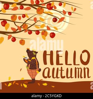 Ours d'automne mignon recouvert de feuilles d'automne tombées avec une tasse de café, Hello Autumn lettering, chute sous pommier Illustration de Vecteur