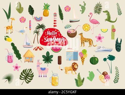 Ensemble de mignon branché bonjour icônes d'été nourriture, boissons, cactus, fleurs, feuilles de palmier Illustration de Vecteur