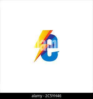 Modèle de logo initial lettre E minuscule isolé sur fond blanc. Concept alphabet avec logo Thunder Shape. Bleu et jaune orange Illustration de Vecteur
