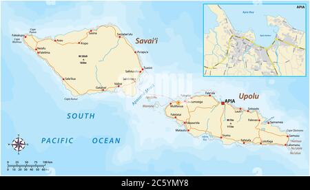 Carte routière vectorielle des Samoa avec carte de la ville d'Apia Illustration de Vecteur