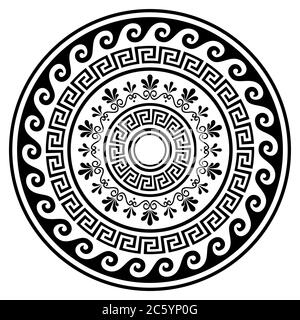 Motif boho mandala à vecteur grec avec motif clé, fleurs et vagues, motif yoga noir sur fond noir blanc Illustration de Vecteur