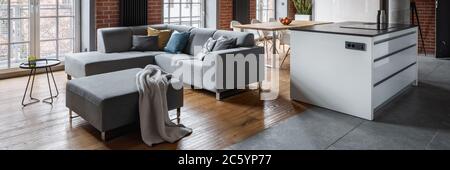 Intérieur de l'appartement avec salon ouvert sur la cuisine, panorama Banque D'Images