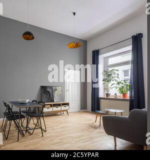 Confortable appartement gris avec mobilier contemporain et grande fenêtre Banque D'Images