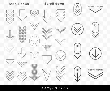 Faire défiler vers le bas l'ensemble de formes d'icône. Symbole de défilement de la souris pour la conception de sites Web ou d'applications. Isolé sur fond transparent. Affiche tendance. Vecteur illustrat Illustration de Vecteur