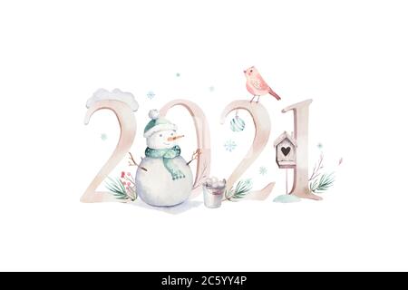 Aquarelle Merry Christmas illustration avec bonhomme de neige, 2021 animaux mignons de vacances cerf, lapin. Cartes de fête de Noël. Design du nouvel an d'hiver. Banque D'Images