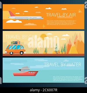 Jeu de bannières horizontales de voyage de style plat Illustration de Vecteur