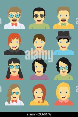 Ensemble d'icônes de personnes avec des faces. Vecteur femmes, hommes caractère Illustration de Vecteur