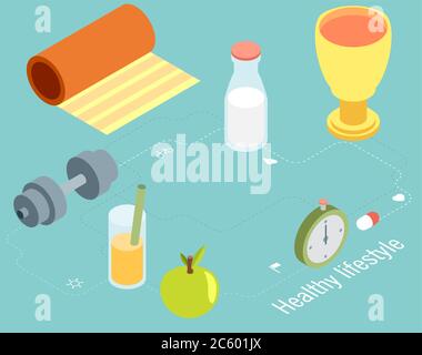 Illustration vectorielle isométrique des icônes de forme physique et de régime Illustration de Vecteur