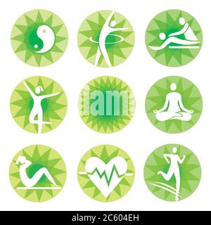 Icônes de fitness yoga, cercles verts. Ensemble de symboles de style de vie sain sur fond décoratif.Vector disponible. Illustration de Vecteur
