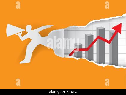 Homme en course à pied avec mégaphone et graphique ascendant. Papier silhouette masculine déchirant du papier orange avec le Business Chart avec flèche rouge vers le haut. Vecteur disponible. Illustration de Vecteur